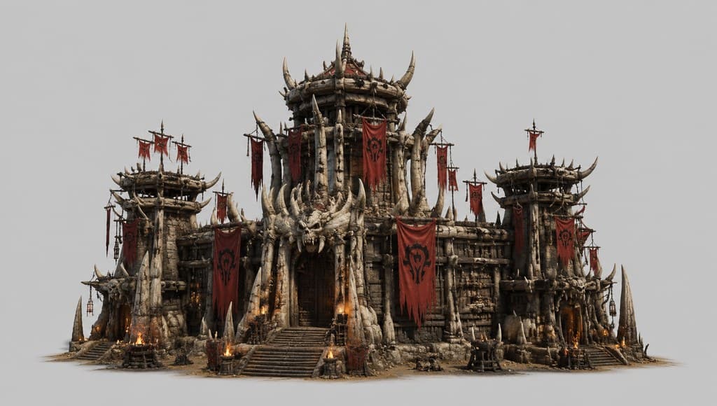 西方魔幻兽人战争堡垒骨柱战旗火把透视效果图