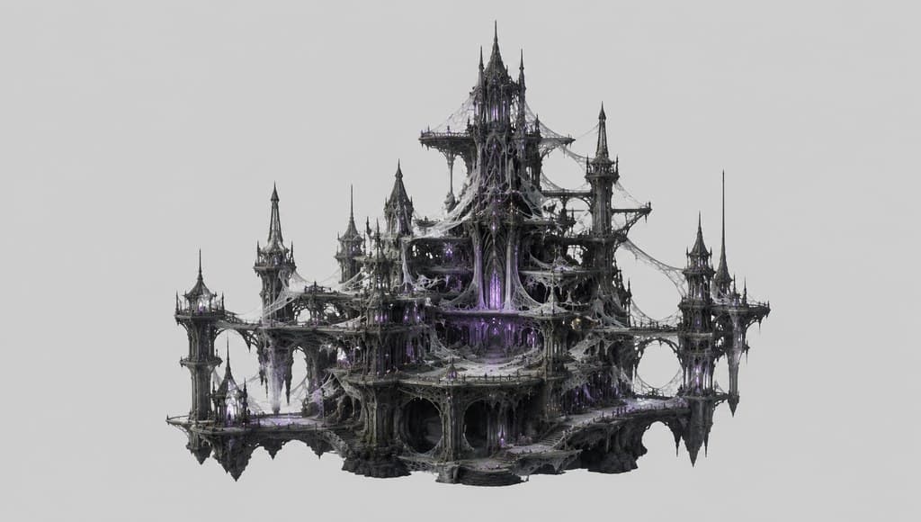 西方魔幻幽暗地域蛛网城丝桥高塔透视效果图