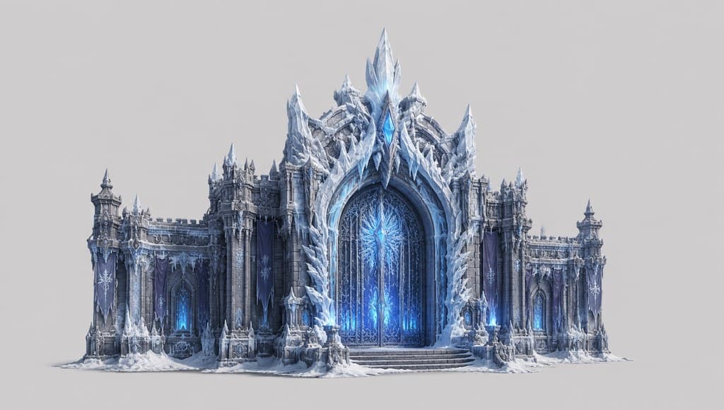 西方魔幻冰霜冰门冰晶拱门蓝光透视效果图