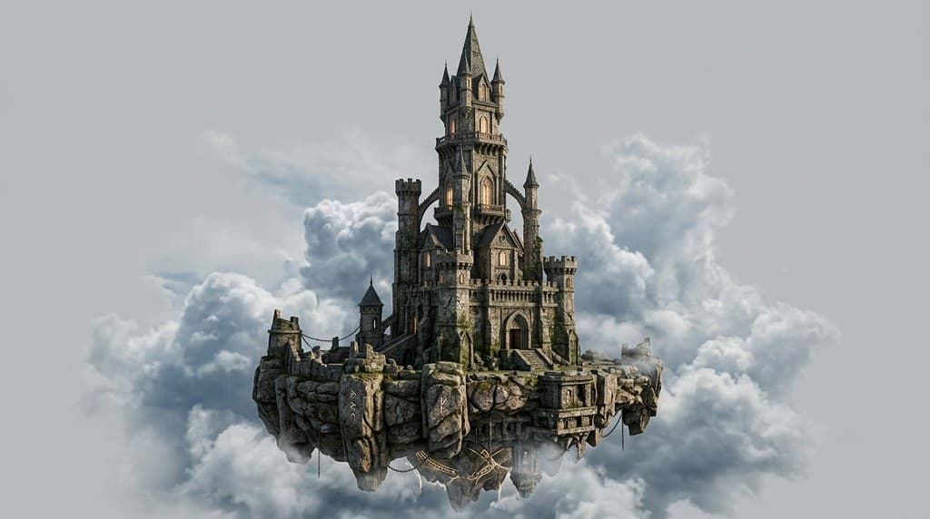 西方魔幻浮空塔悬浮基座石塔云层透视效果图