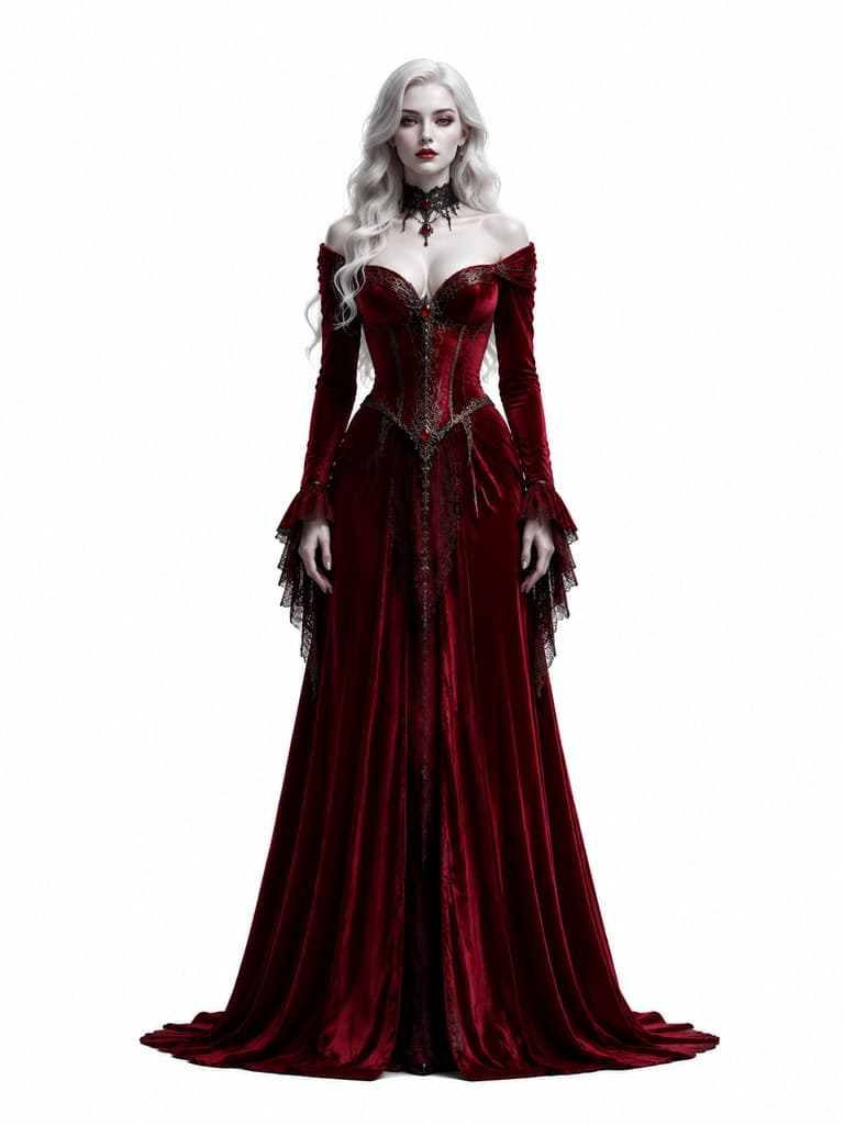 西方魔幻血族女伯爵女性银白长发深红晚礼服全身定妆照