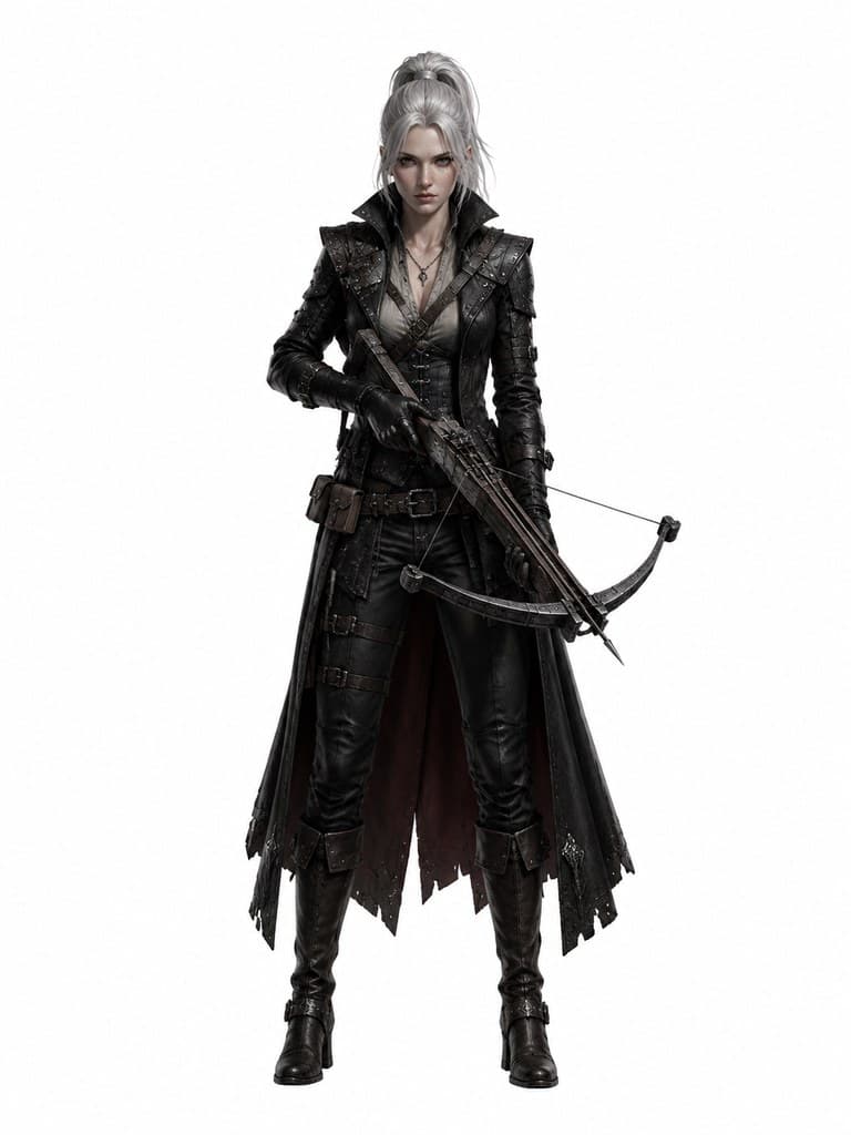西方魔幻吸血鬼猎手女性银发马尾皮甲持弩全身定妆照