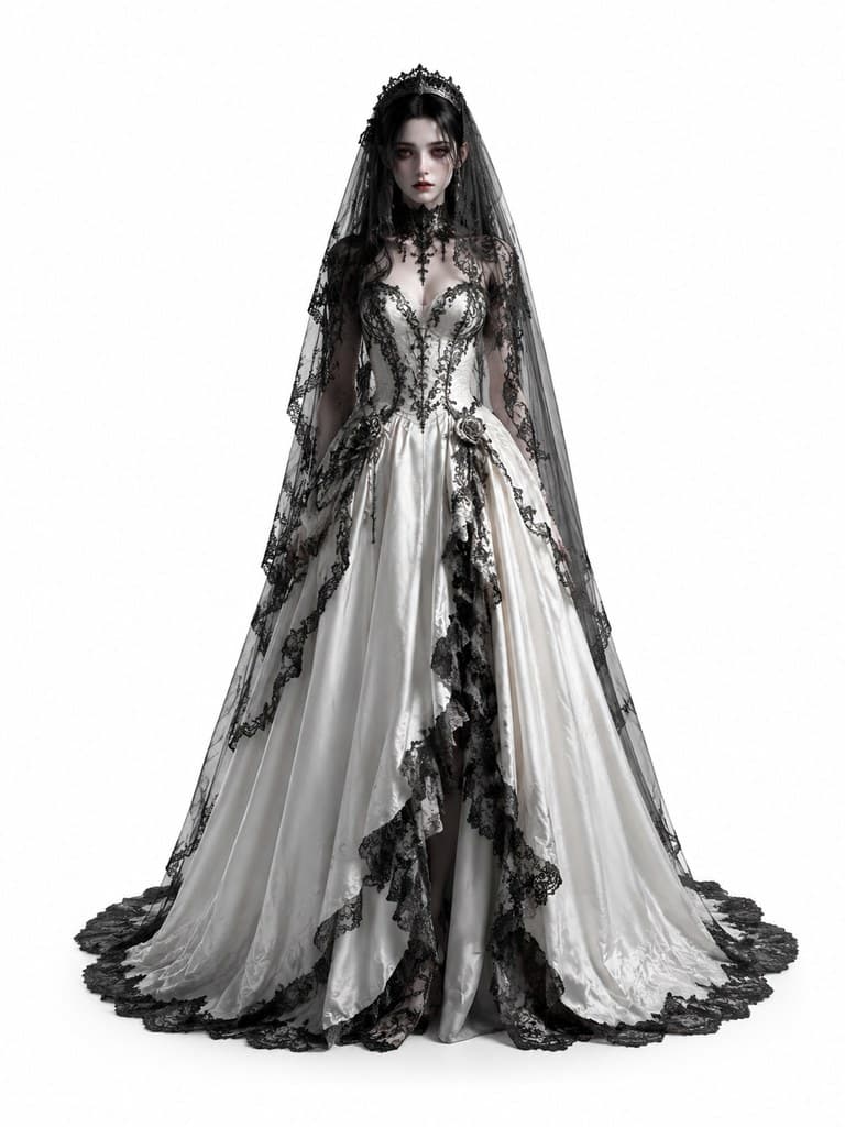 西方魔幻血族新娘女性白纱黑蕾丝头饰全身定妆照