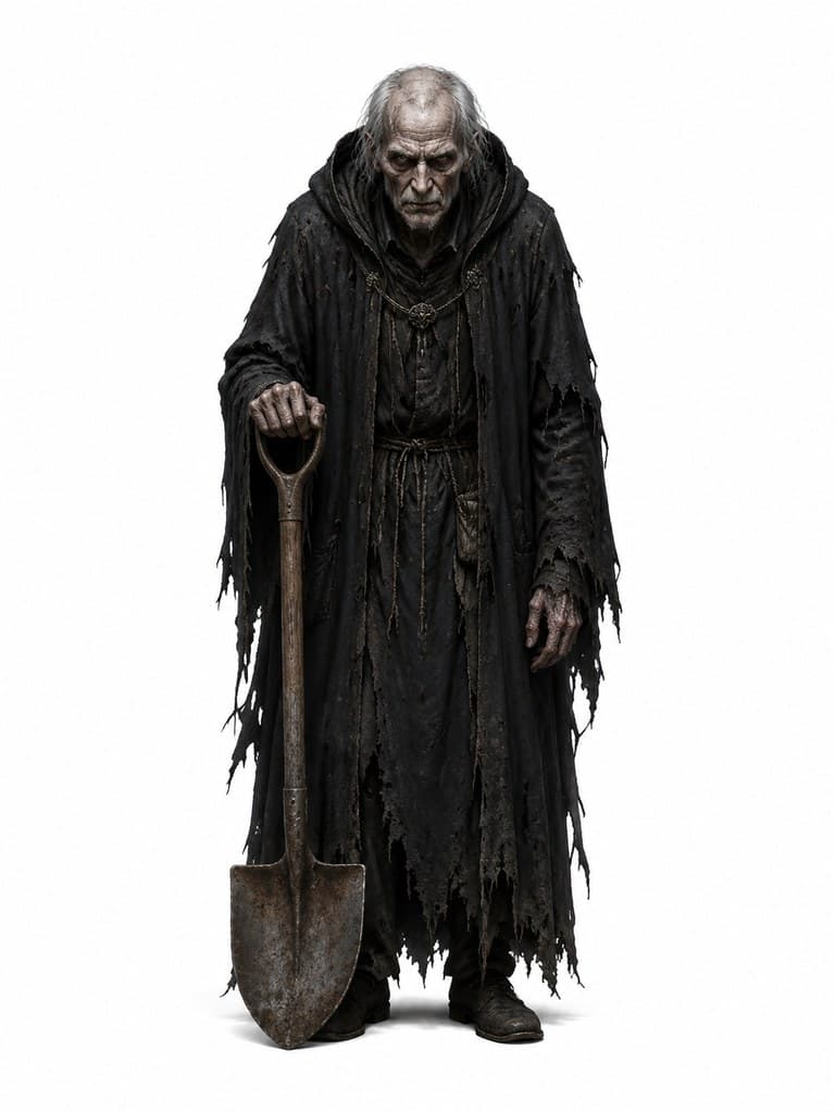 西方魔幻血族守墓人男性黑袍铁锹驼背全身定妆照