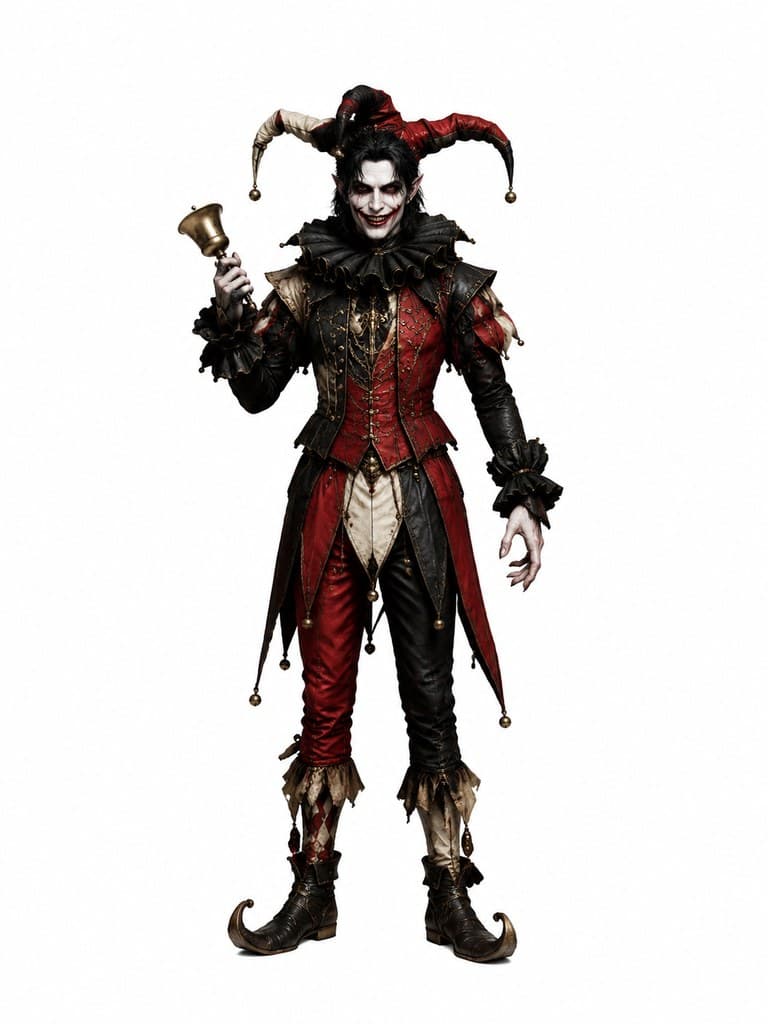 西方魔幻血族小丑男性苍白笑脸彩衣持铃全身定妆照