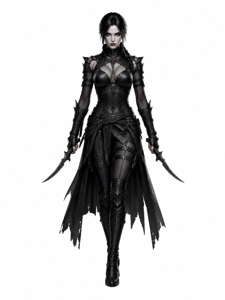 西方魔幻血族女刺客女性黑纱紧身衣双刃全身定妆照