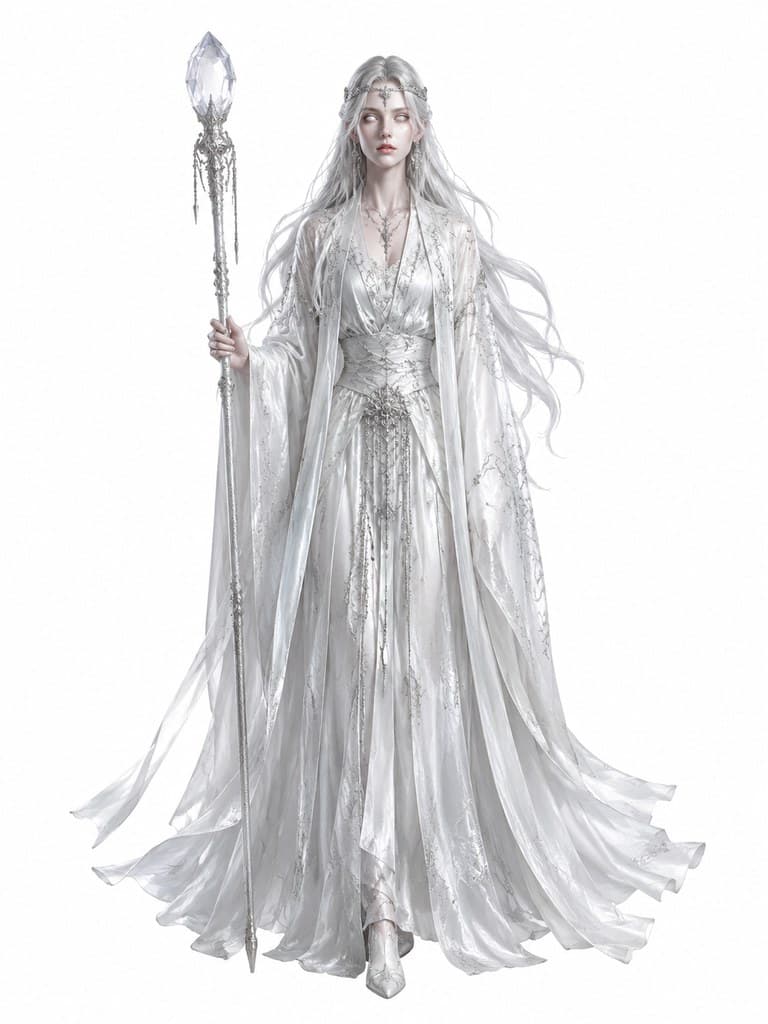 西方魔幻血族盲眼先知女性白袍银发空洞眼全身定妆照