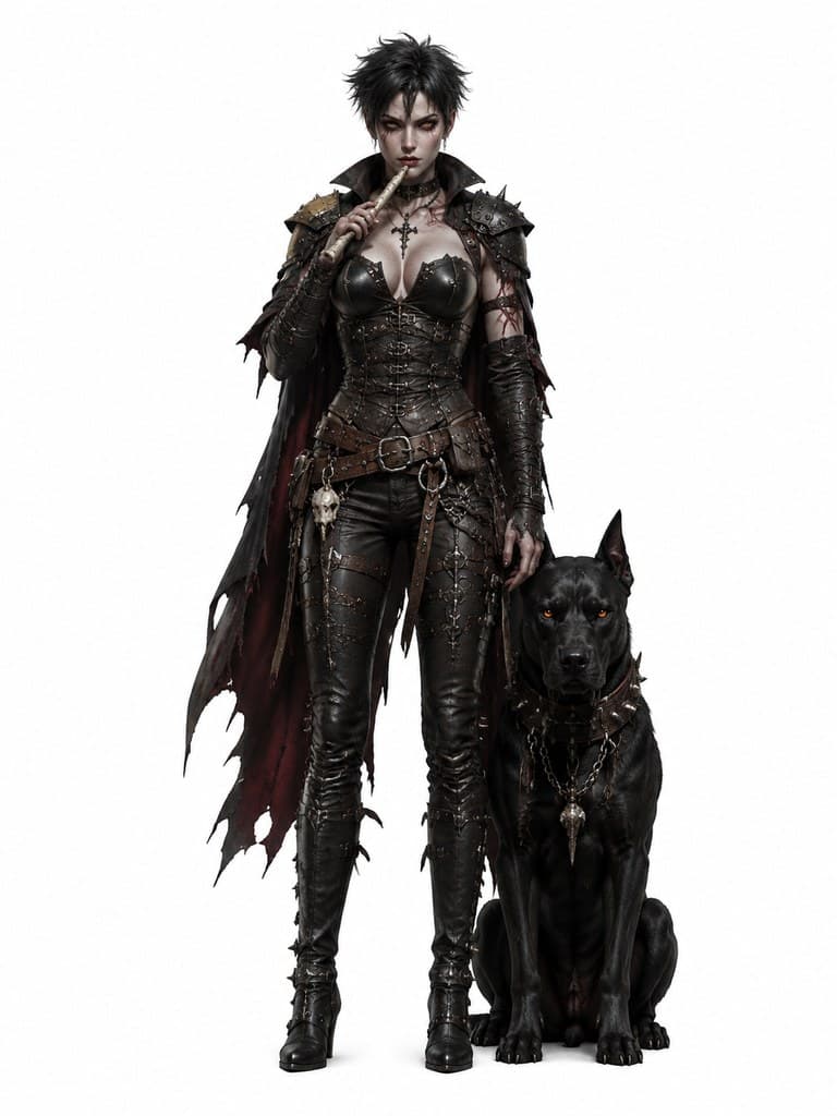 西方魔幻血族驯兽师女性黑色皮甲兽笛巨狼全身定妆照