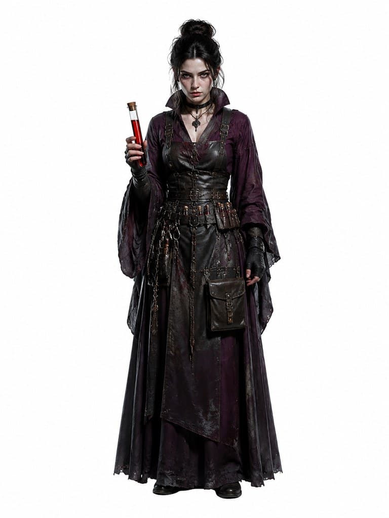 西方魔幻血族药剂师女性深紫长袍瓶罐持试管全身定妆照
