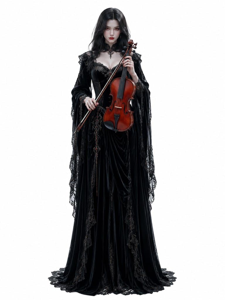 西方魔幻血族乐师女性黑礼服装小提琴全身定妆照