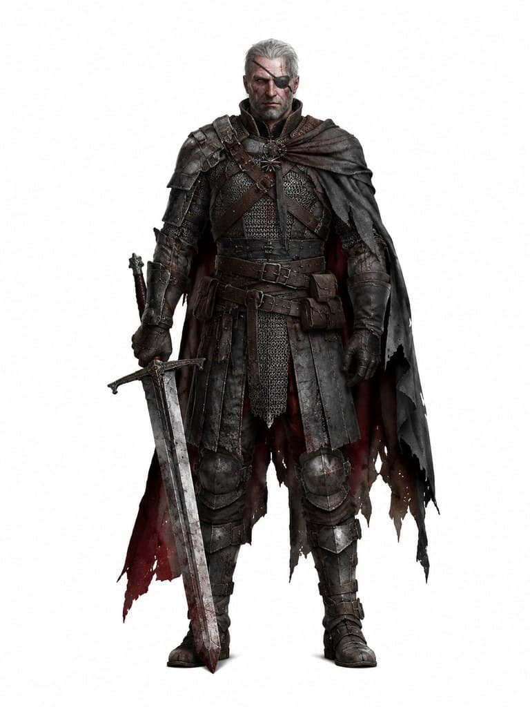 西方魔幻血族雇佣兵男性灰甲双手剑独眼全身定妆照