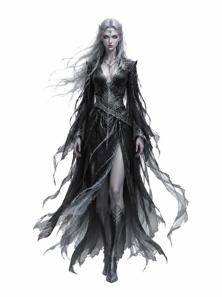 西方魔幻血族御风者女性黑袍银纹长发飞扬全身定妆照