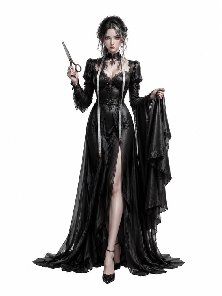 西方魔幻血族裁缝师女性皮尺剪刀黑绸全身定妆照