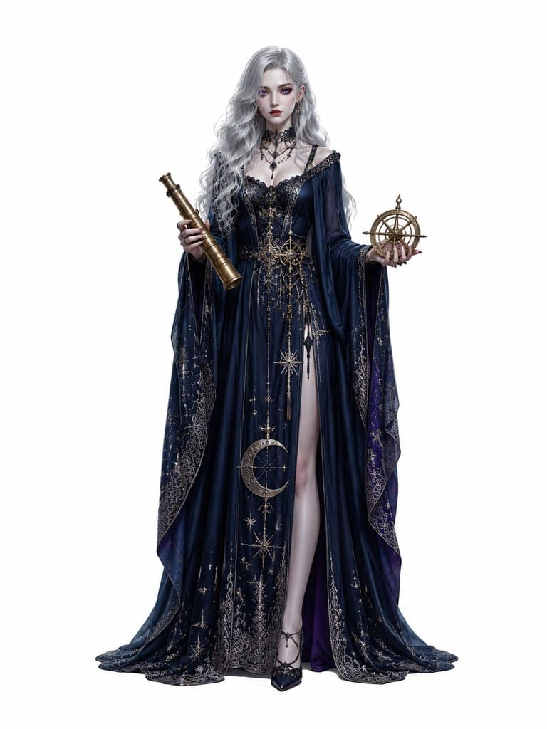 西方魔幻血族占星师女性蓝袍望远镜星图全身定妆照