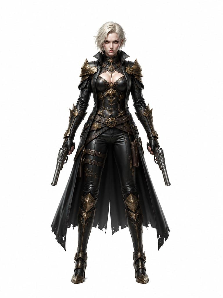西方魔幻血族猎杀者女性暗金甲双枪全身定妆照