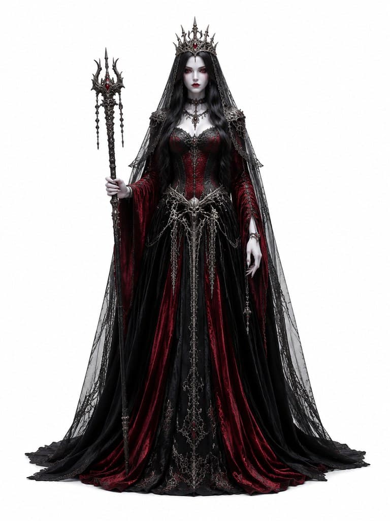 西方魔幻远古血族女王女性白骨王冠黑纱红袍全身定妆照