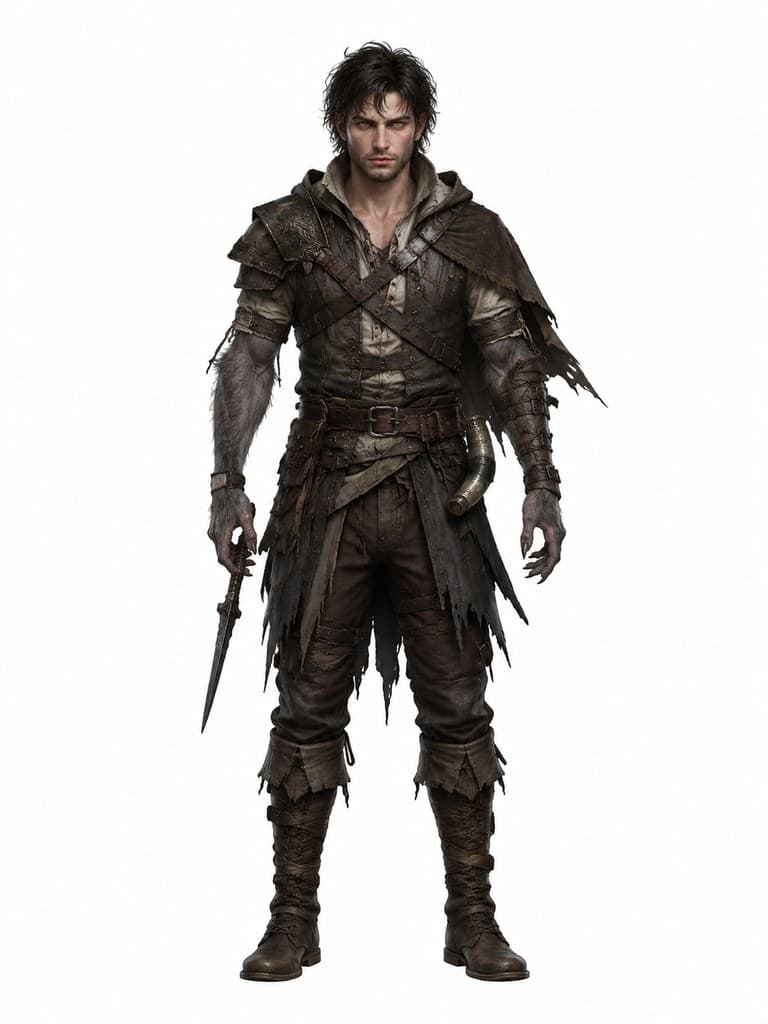 西方魔幻狼人斥候男性灰毛轻甲匕首全身定妆照