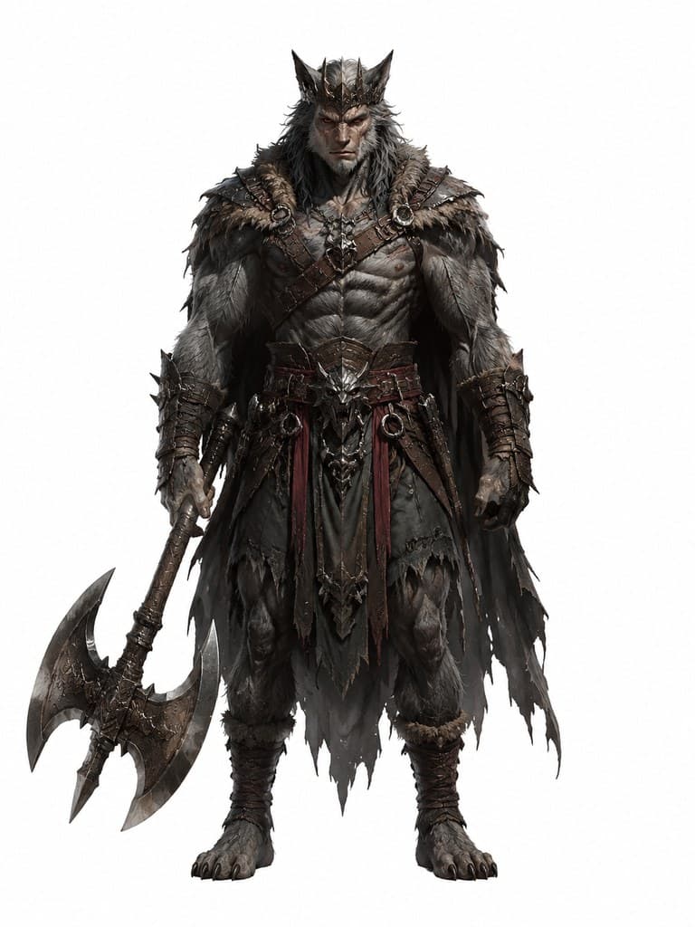 西方魔幻狼人领主男性灰毛赤瞳巨斧王冠全身定妆照