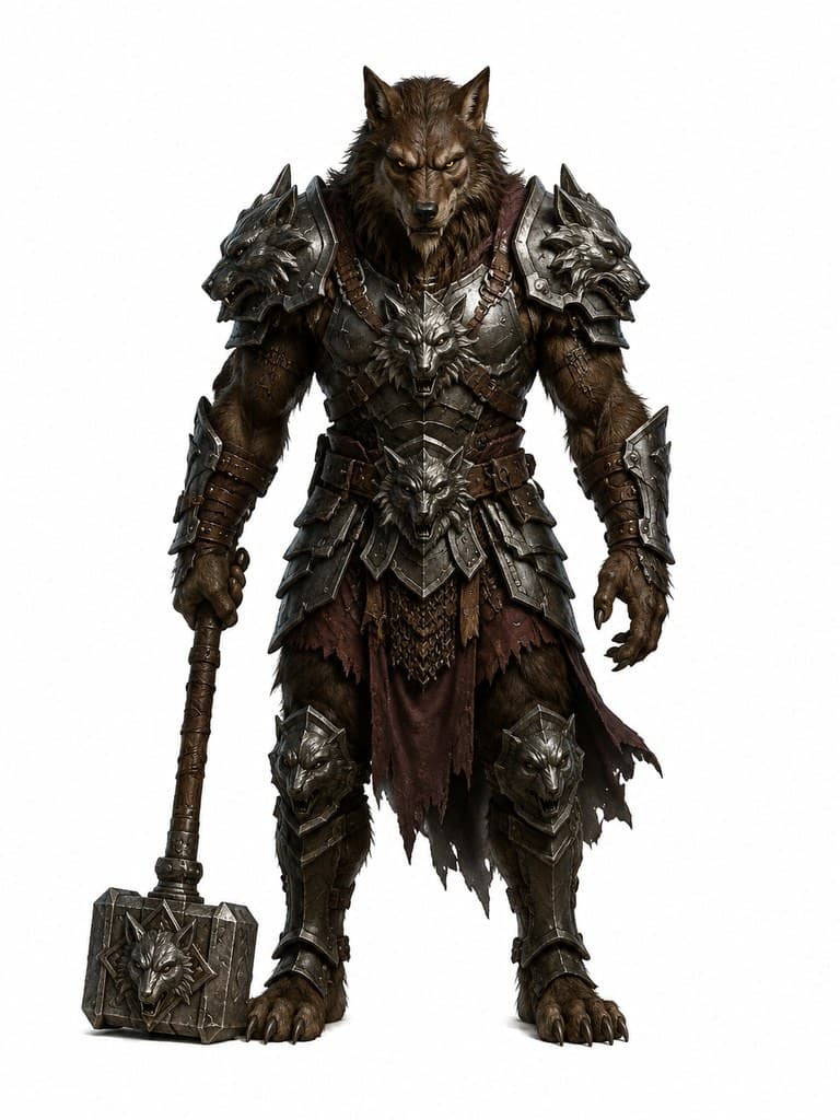 西方魔幻狼人战士男性棕毛重甲战锤全身定妆照