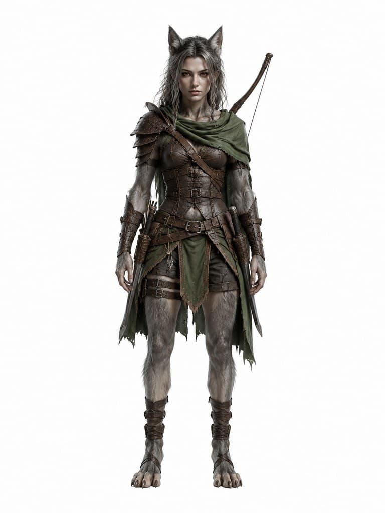西方魔幻狼人斥候女性灰毛轻甲匕首短弓全身定妆照