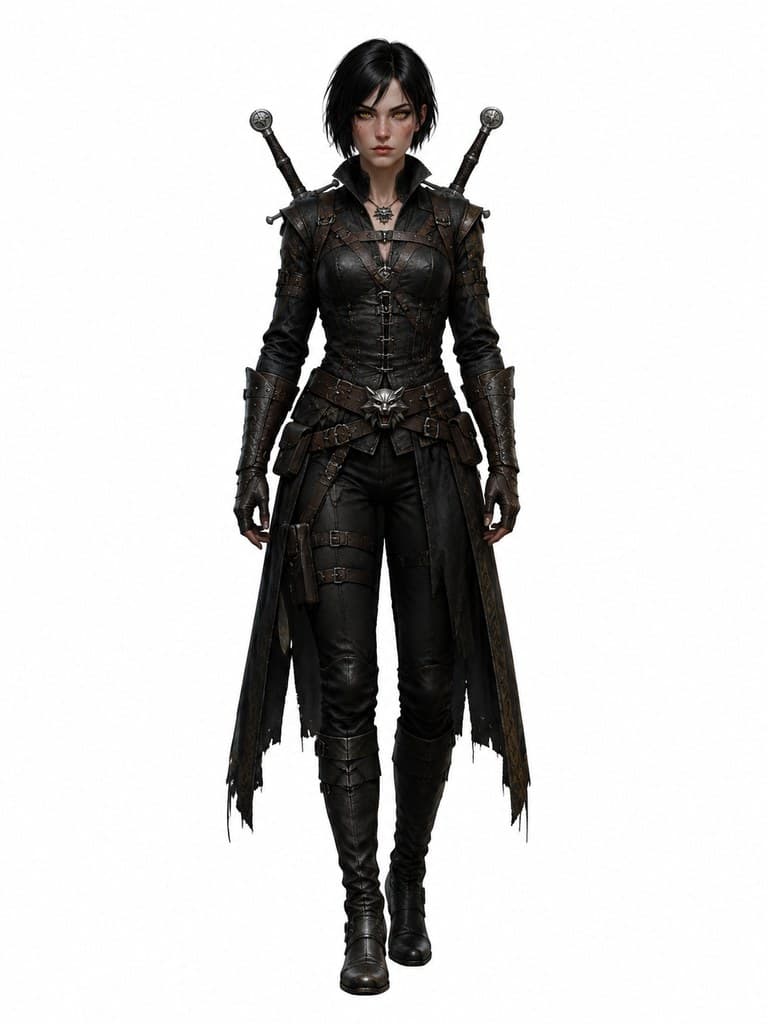西方魔幻猎魔人女猎手女性黑发琥珀瞳猫派双刃全身定妆照