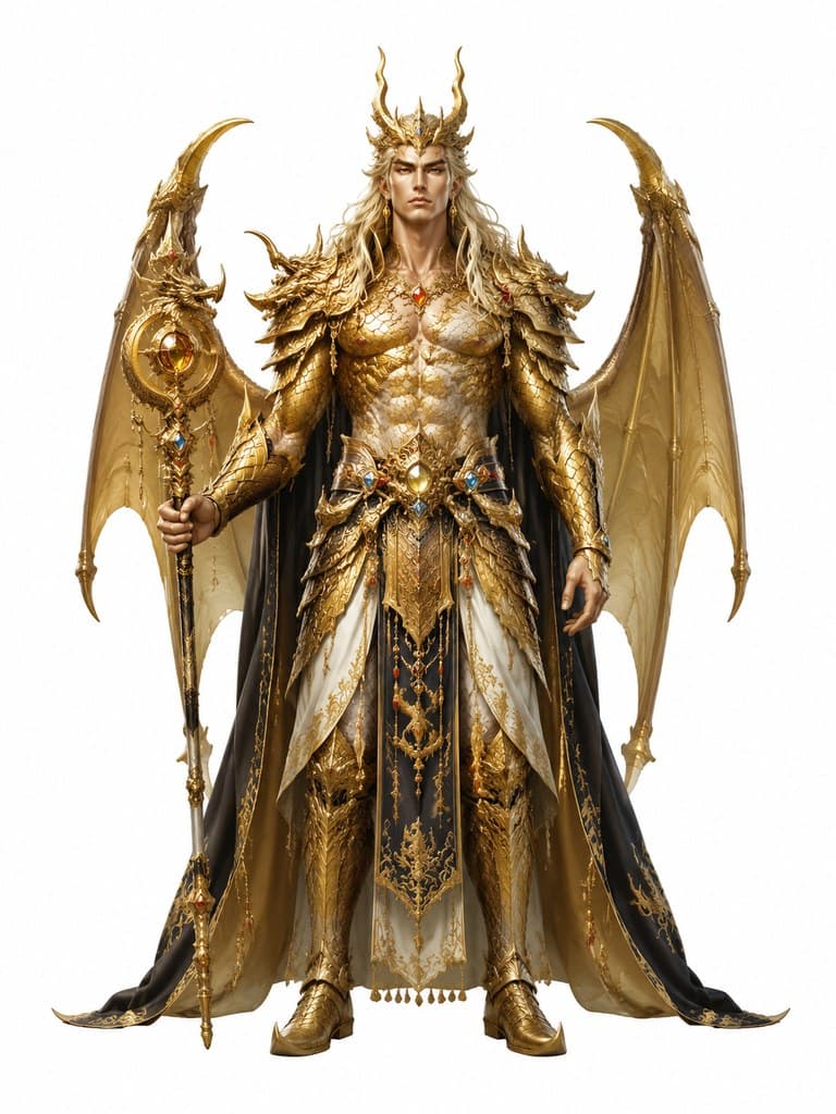 西方魔幻金龙领主男性金鳞重甲龙翼权杖全身定妆照