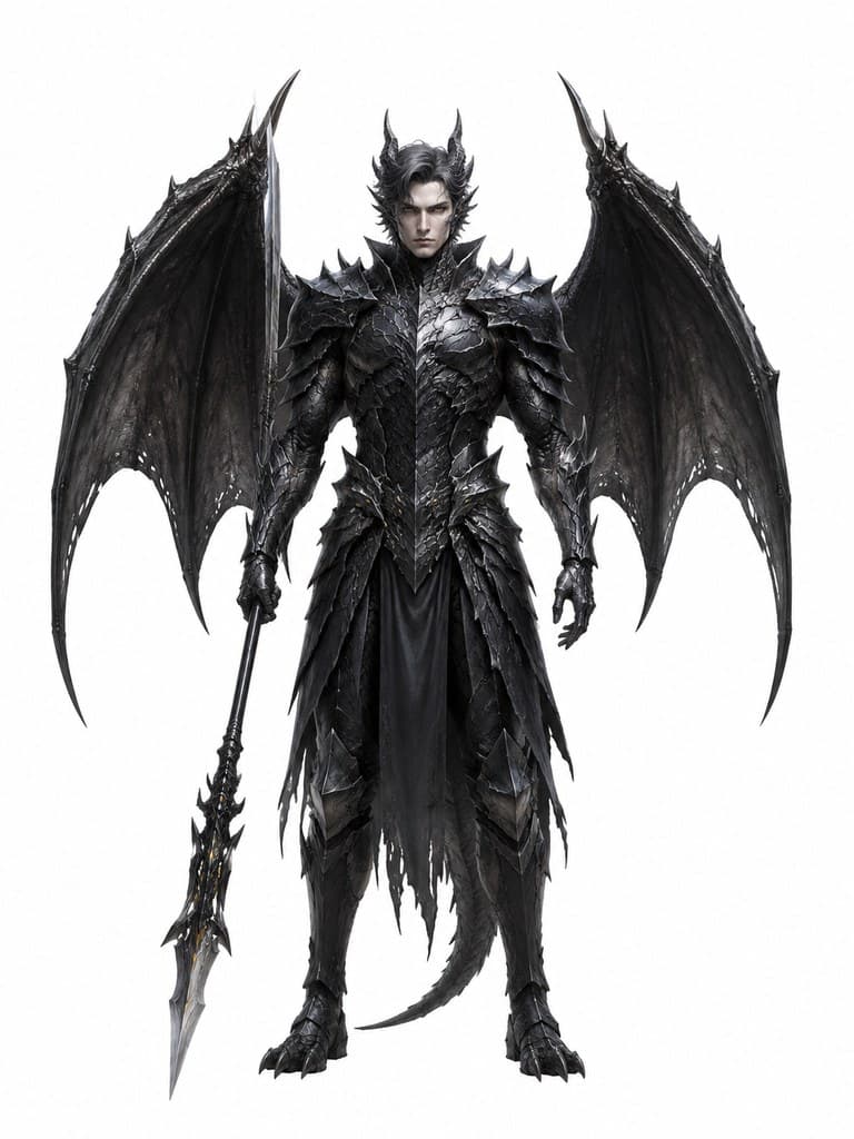 西方魔幻龙族骑士男性黑鳞战甲龙翼长枪全身定妆照