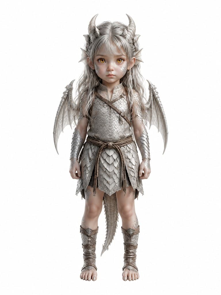 西方魔幻龙族幼崽女性银鳞金瞳萌态全身定妆照