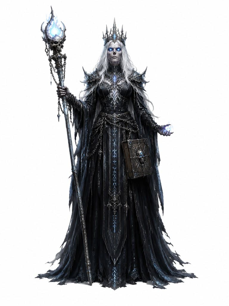 西方魔幻巫妖女性黑纱银冠法杖骨书全身定妆照