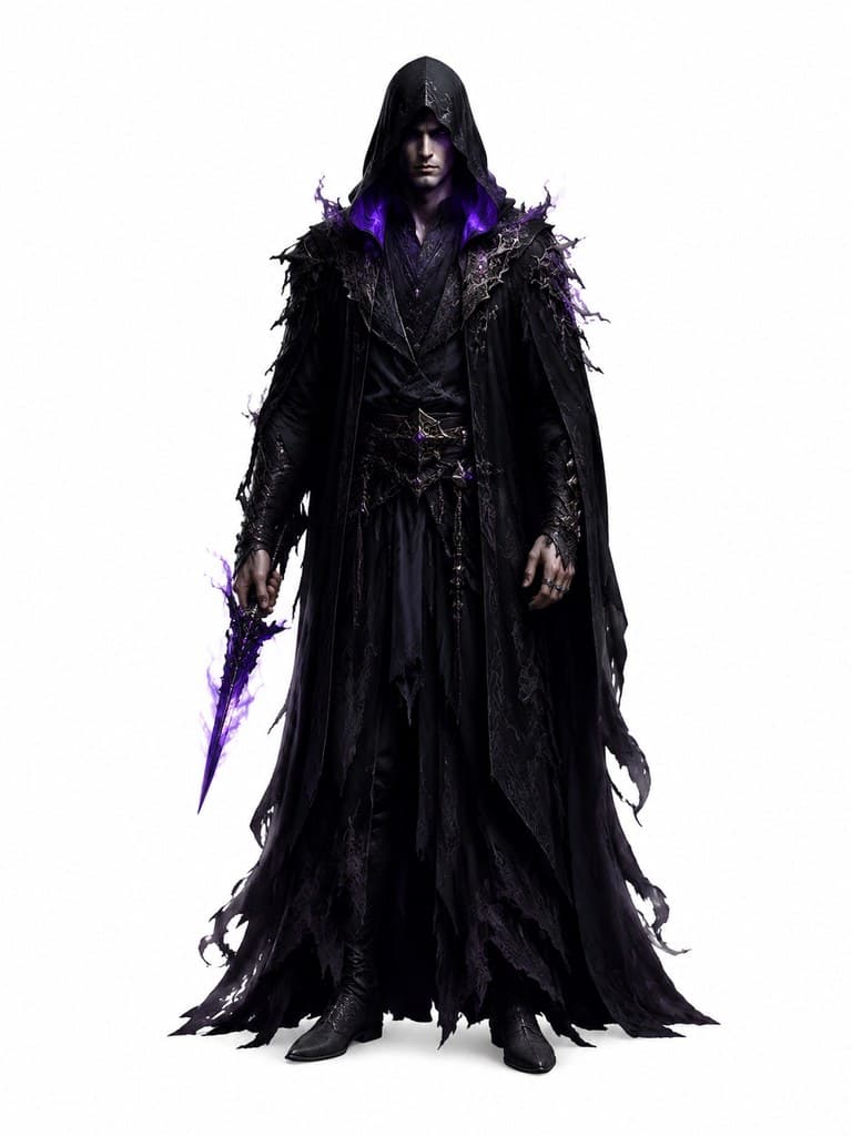 西方魔幻暗影术士男性黑袍兜帽暗光匕首全身定妆照