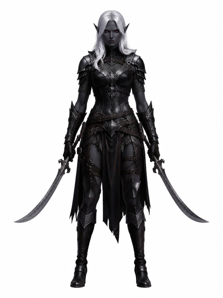 西方魔幻黑暗精灵女战士女性黑肤银发皮甲双刀全身定妆照