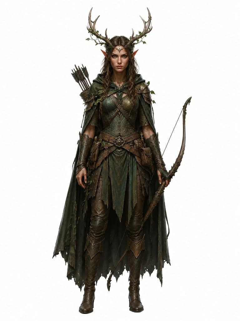 西方魔幻森林精灵游侠女性绿袍长弓鹿角冠全身定妆照