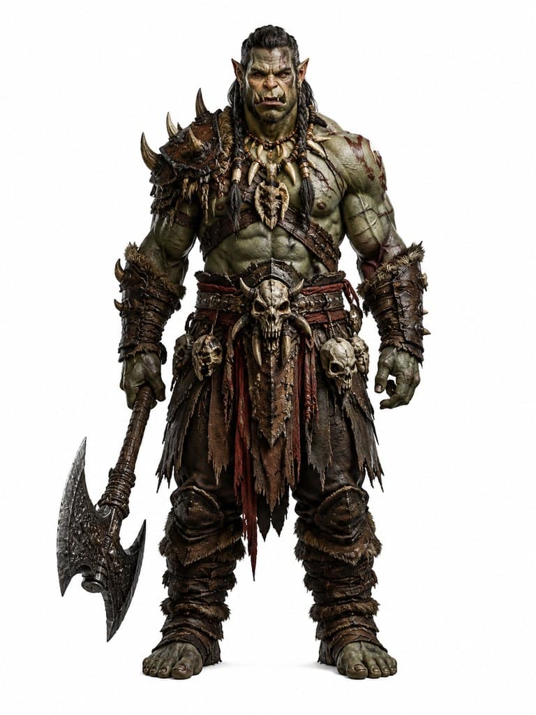 西方魔幻兽人酋长男性绿皮獠牙战斧骨饰全身定妆照