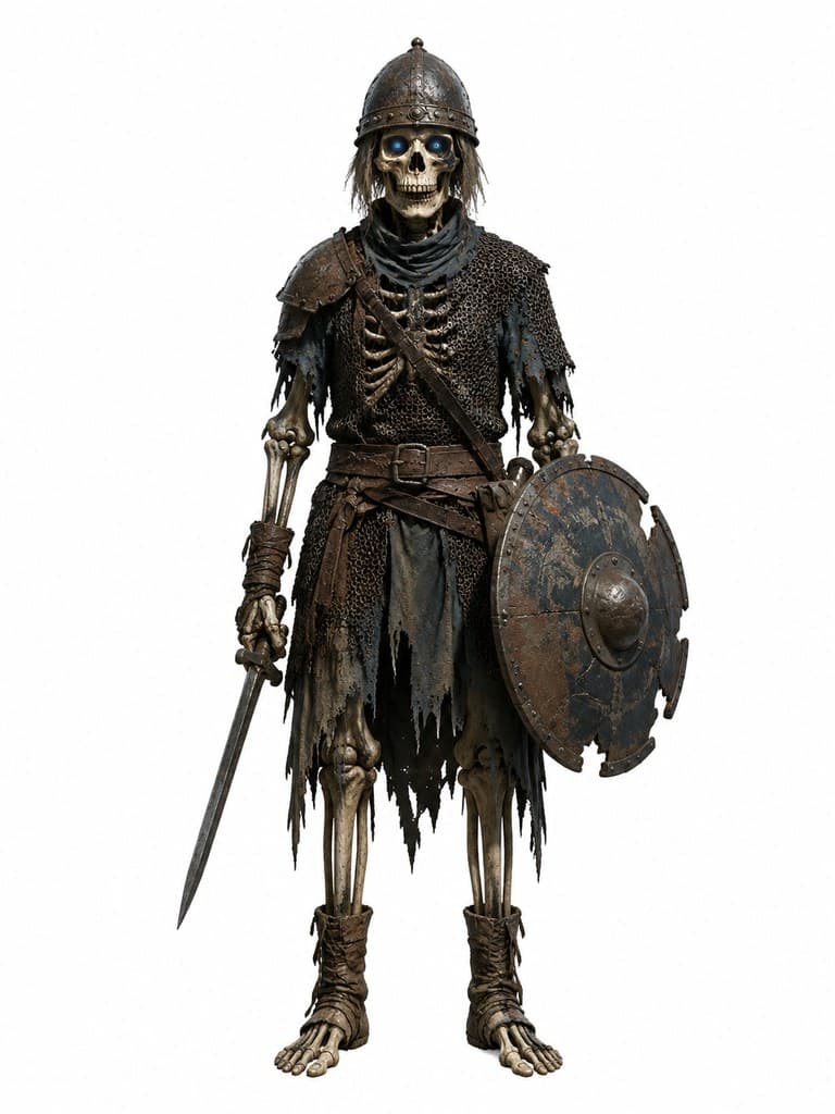 西方魔幻骷髅兵士兵骸骨盔甲剑盾全身定妆照