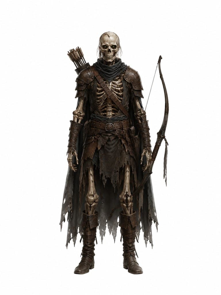 西方魔幻骷髅弓箭手骸骨皮甲弓矢全身定妆照