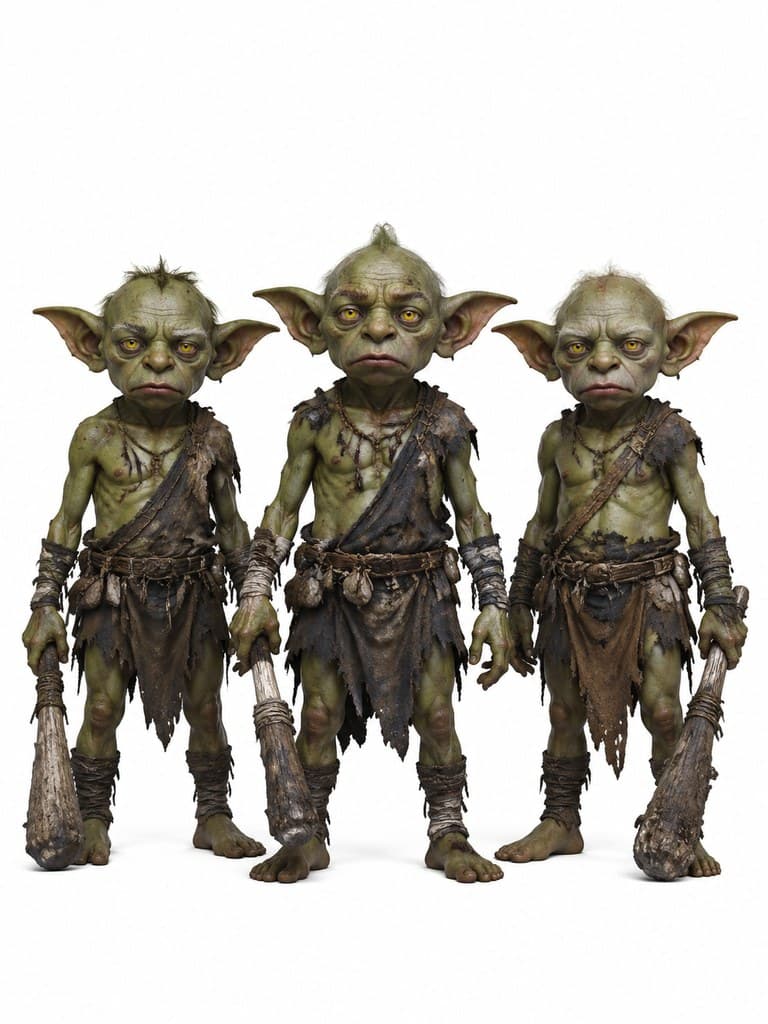 西方魔幻地精群三只绿皮尖耳持棍全身定妆照