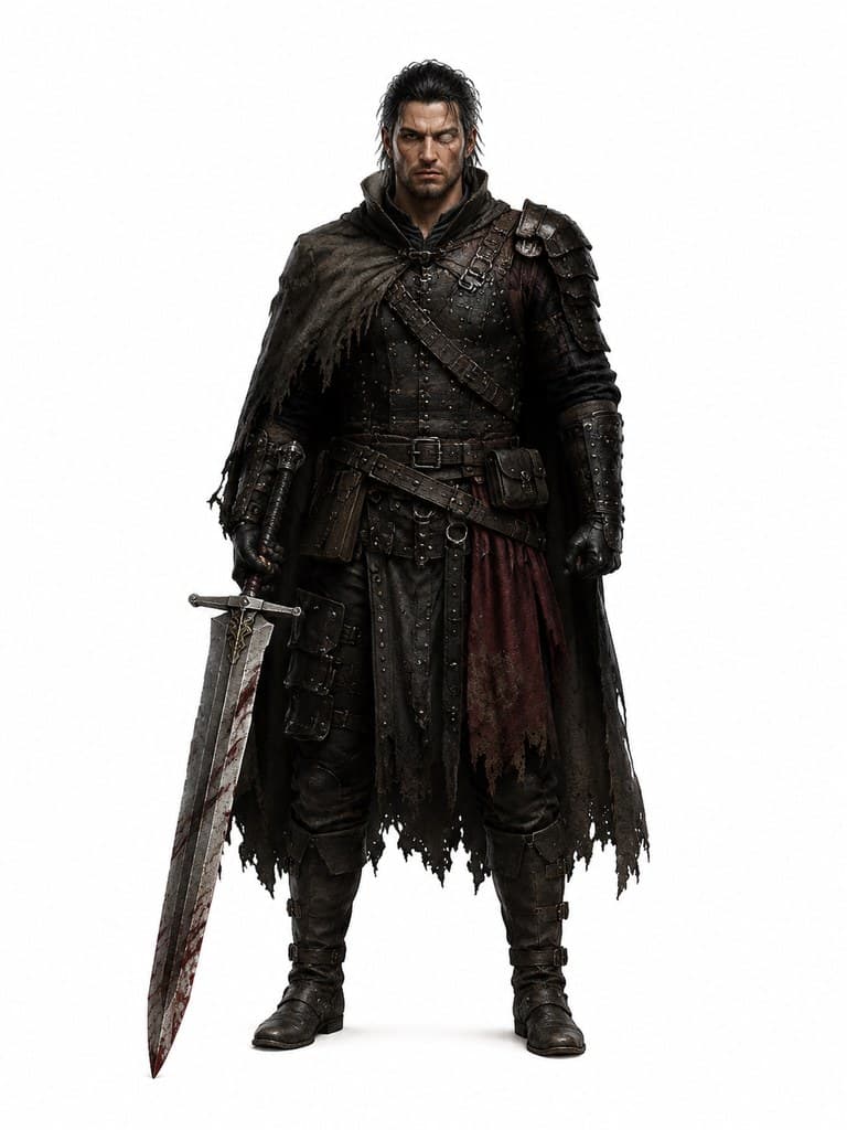 西方魔幻人类佣兵队长皮甲大剑眼疤全身定妆照