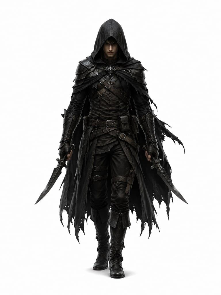 西方魔幻盗贼公会成员黑兜帽双匕首全身定妆照