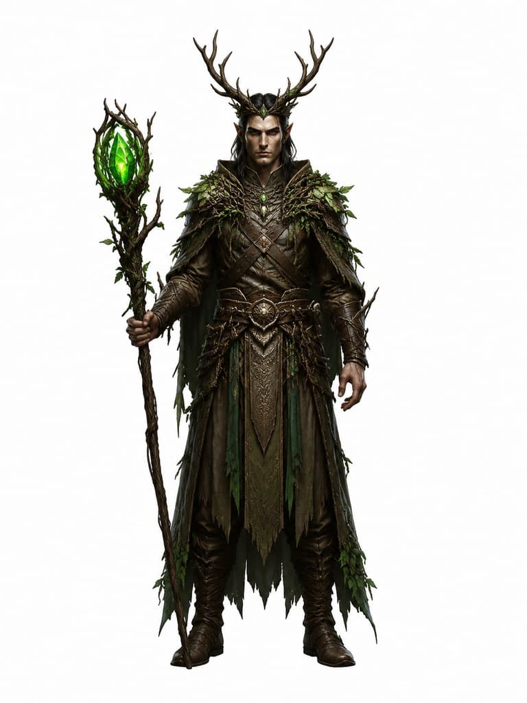 西方魔幻德鲁伊鹿角冠藤甲法杖全身定妆照