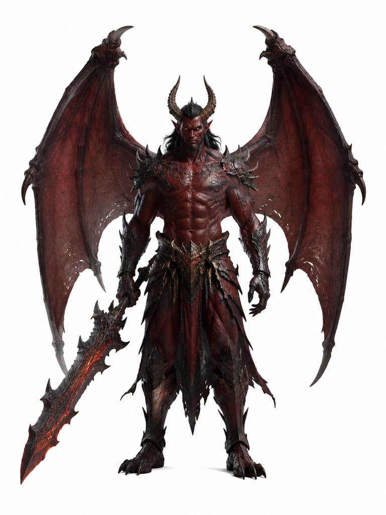 西方魔幻深渊大恶魔男性暗红皮巨翼巨剑全身定妆照