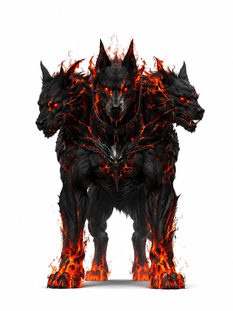 西方魔幻地狱犬首领三头黑焰红眼全身定妆照