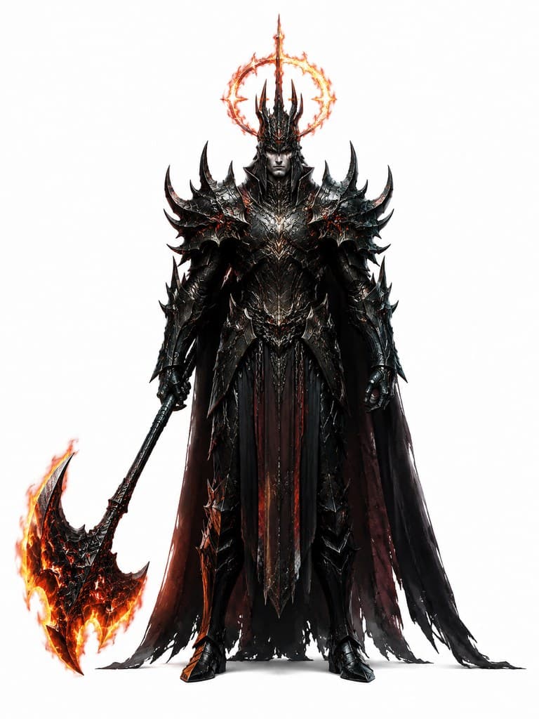 西方魔幻深渊领主男性黑甲火冠巨斧全身定妆照