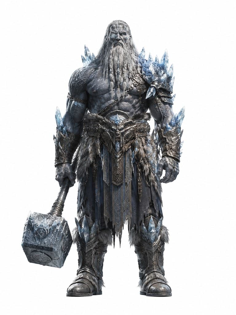 西方魔幻冰霜巨人男性灰蓝皮冰甲巨锤全身定妆照