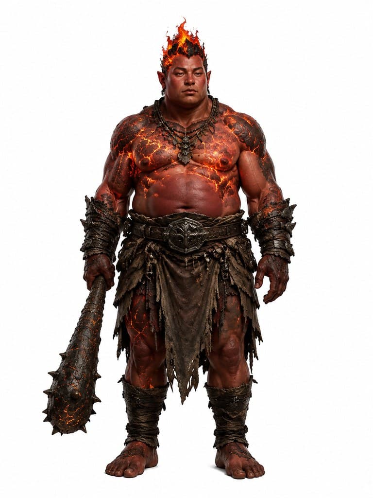 西方魔幻火焰巨魔男性赤红皮熔岩疤巨棒全身定妆照