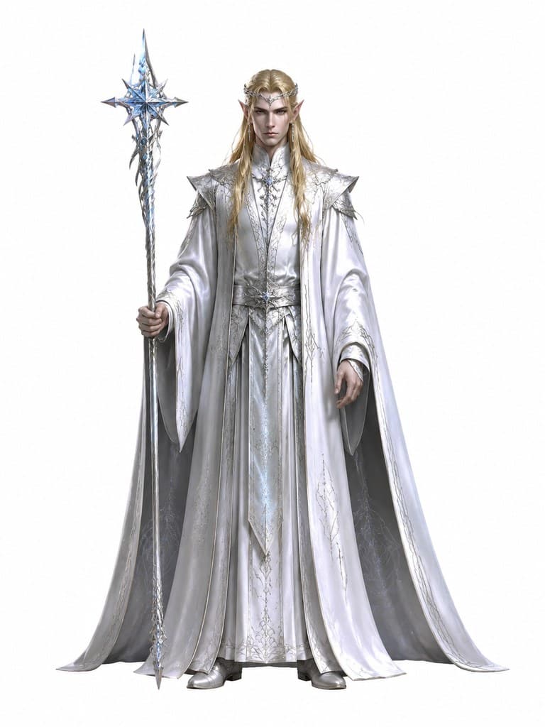 西方魔幻高等精灵法师男性金发白袍星杖全身定妆照