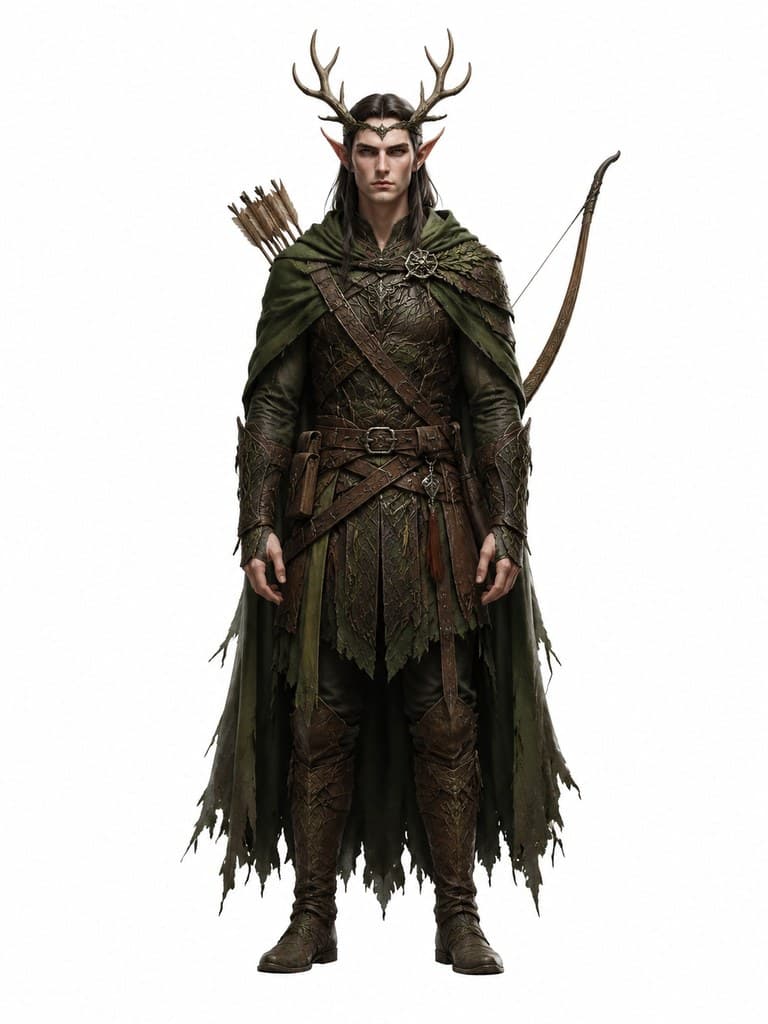 西方魔幻森林精灵猎手男性绿袍鹿角弓全身定妆照