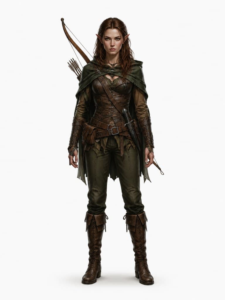 西方魔幻半精灵游侠女性尖耳棕发长弓全身定妆照