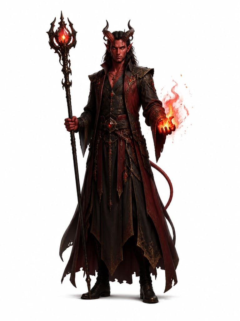 西方魔幻提夫林魔裔男性恶魔角红肤火术全身定妆照