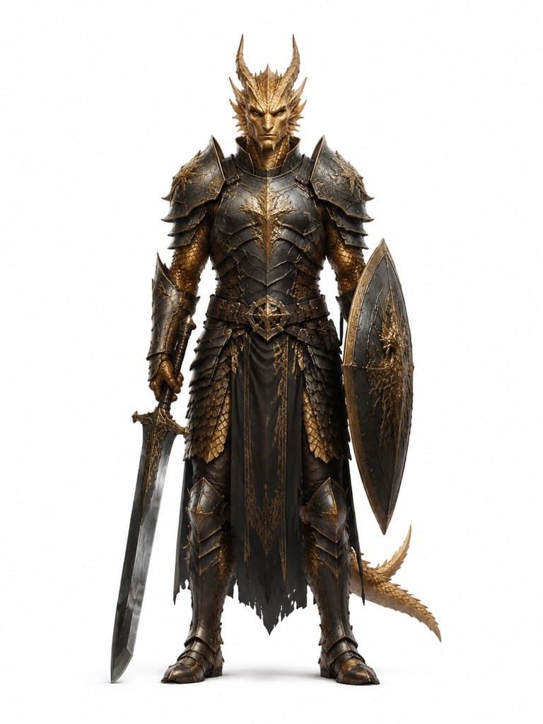 西方魔幻龙裔战士男性金色鳞甲龙角巨剑全身定妆照