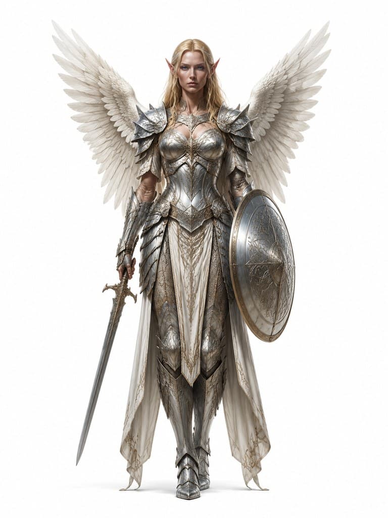 西方魔幻精灵女武神女性银甲白翼剑盾全身定妆照